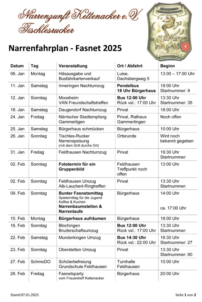 Narrenfahrplan 2025 Seite 1